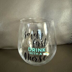 Kohl's Clear Stemless Wine Glass with Black Script and Teal Accent